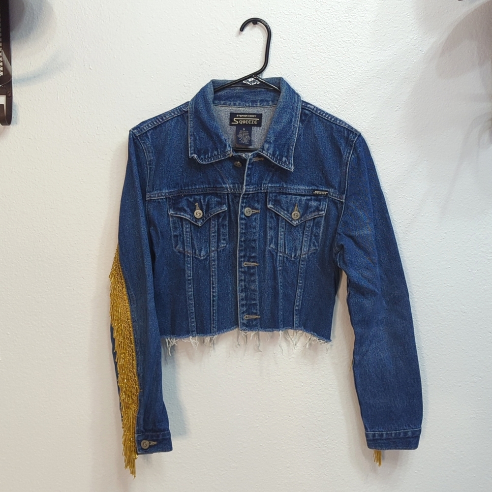 Western Gold Rhinestone Fringe Distressed Denim Jacket Cropped Medium